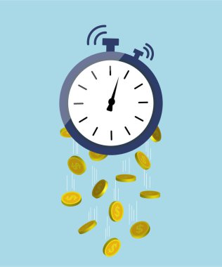 Zaman para konseptidir. Dolar altın sikkeli saat. Ödeme bir saat içinde. İzleme ve mali bütçe. Zengin işlerinden nakit. Maaş zamanlayıcısı. Alarm yatırımı. Geri sayım zamanı. Vektör.