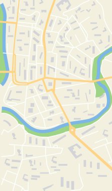 Harita şehri. Caddeleri, nehri, köprüleri, yeşil parkları, binaları ve yolları olan grafiksel bir şehir. Konumu olan şehir geçmişi, GPS, seyahat ve rehberler için navigasyon. Hava desenli haritacılık. Vektör.
