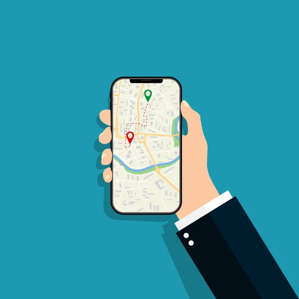 手机与地图的应用 智能手机与Gps市应用程序 城市图形导航及装置位置 搜索街道的屏幕导航器 用于Web和智能指南应用程序的图标 — 图库矢量图片