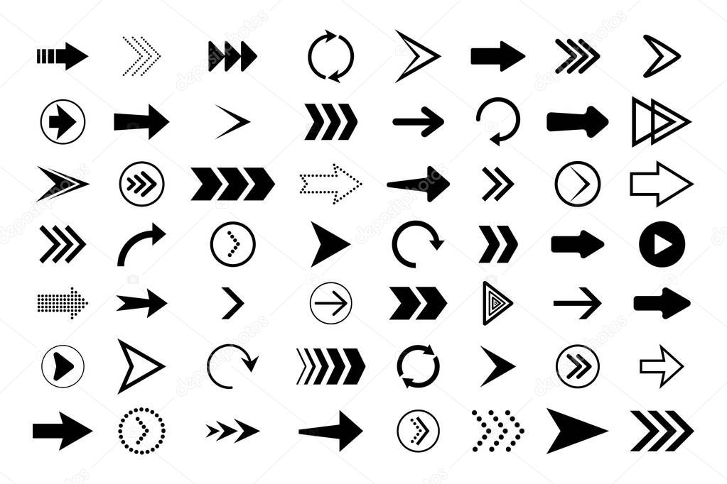 Arrows set. Black direction symbols. Graphic icons of up, down, right, next, cursor, back, circle, refresh, rewind, repeat, forward, pointer for web orientation. Simple digital shapes, lines. Vector.