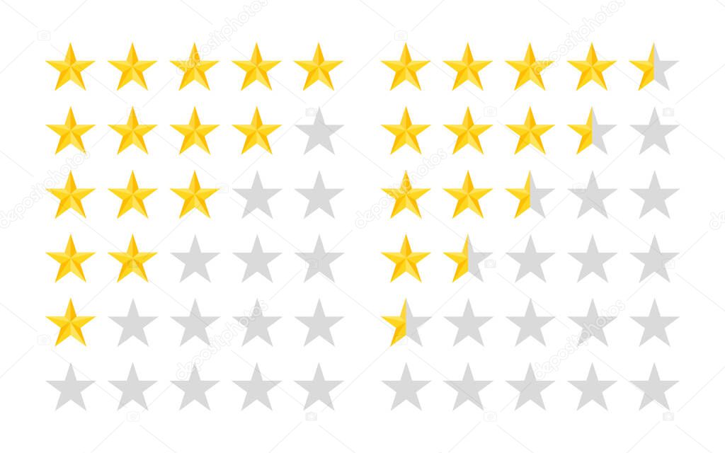 5 star rate icons. Five rating stars on white background. Customer review or feedback. 5 row. Gold yellow star ranking. Button for service, success, classification, evaluation, mark quality. Vector.