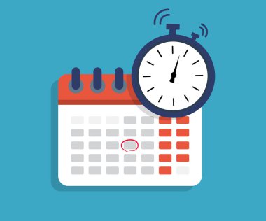 Saat simgesiyle takvim. Saat çizelgesi. Programın tarihi. Teslim tarihi ve buluşma konsepti. Geri sayım başladı. Tatili hatırlatıyor. Finans zamanlayıcısı ve organizatörü. Randevu yıl, ay içinde. Vektör