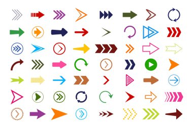Ok simgeleri. Düz düğmeli navigasyon. Kırmızı, mavi, pembe, yeşil, mor, sarı oklar web sitesi. Uygulama için önceki, sağ, geri al, sol, aşağı, ileri sembolleri. Koleksiyon şekilleri. Vektör.