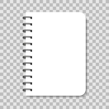 İçinde spiral olan boş bir defter. Kapaklı ve ciltli kağıt bir not. Şeffaf arkaplanda beyaz not defteri izole edildi. Günlük, not, defter, organizatör, ders kitabı kopyası. Boş sayfa belgesi. Vektör.
