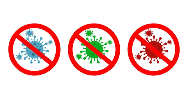 病毒图标 停止电晕 签署细菌的危险 抗菌保护 细胞微生物感染 警告Coronavirus 红色的检疫标志 签署防腐剂和预防措施 — 图库矢量图片