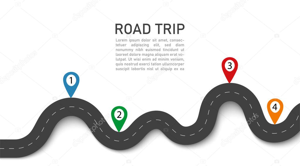 Road trip. 3D journey with gps navigation, location in street. Winding way map. Asphalt for car in highway. Travel on taxi. Infographic for path. Transport traffic route. Road taxi background. Vector.