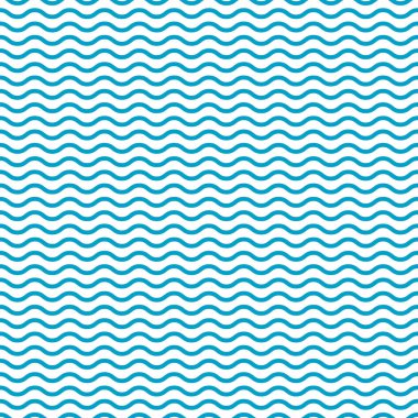 Mavi, kusursuz dalgalı desen. Dalga çizgisi arkaplanı. Basit deniz ve okyanus dokusu. Kıvrımlı Retro sanat. Duvar kağıtları için dekoratif süs. Soyut deniz şekilleri. Simetrik çizgiler. Vektör.