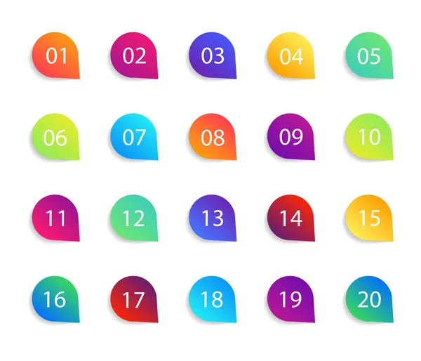 Üzerinde numaralar olan kurşun noktası simgeleri. Gölgeli bilgi için renk çemberleri. 1 'den 20' ye kadar olan sayılar. Düğme, etiket, ui ve grafik haritaları için mermiler. Basamaklı bir işaret seti. Vektör.