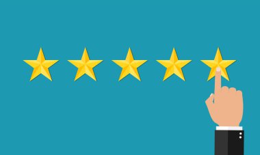 5 yıldızlı müşteri ve yönetim. Performansın sonucu. Yıldız oranı. Müşterinin parmağı 5 'inci yıldız oranında. Kalitenin geri bildirimi. İtibar ikonu. İyi bir anket. İş ve pazarlama sıralaması. Vektör.