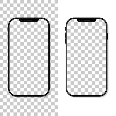 Telefon ekranı. Cep telefonunun çerçevesi ve şablonu şeffaf bir arkaplanda izole edilmiş. Akıllı telefon maketi. Boş ekranlı cep telefonu. Dikey masaüstü. Uygulama ve arka plan için gerçekçi 3d 6.7 ui. Vektör.