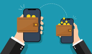 Para transferi. Elektronik cüzdanla kolay ödeme. Adam cep telefonundan ödeme alıp gönderiyor. Kablosuz iletişim işlem konsepti. Ticaret ve alım için uygulama. Vektör.