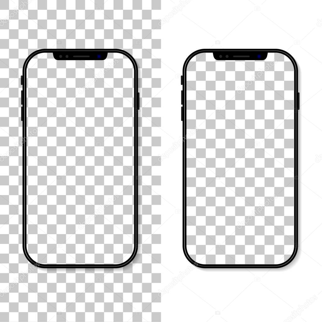 Phone screen. Frame and template of cellphone isolated on transparent background. Smartphone mockup. Cellphone with blank display. Vertical desktop. Realistic 3d 6,7 ui for app, background. Vector.