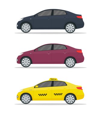 Araba sedan modeli. Sarı taksi maketi. Beyaz arka planda gölgeli gerçekçi arabalar. Sedan, hatchback, cip, combi, vagon, hepsi otomatik. Taksi, iş ve reklam araçları. Vektör.