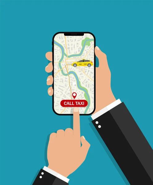 Hand Hålla Telefon Med App Uber Taxi Online Bokning Bil — Stock vektor