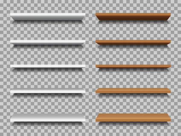 店の壁に空の棚 3D空白のテーブル 展示会のためのスーパーマーケットに立つ 木製の本棚と小売のためのショーケース 前の本棚のモックアップ エレガントなパネル ベクトル — ストックベクタ