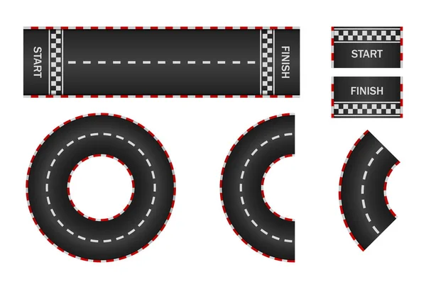Sonsuz yarış. Başlangıç, bitiş ve yol boyunca iz sürün. Eğri ve daire şeklinde yarış pisti. F1 caddede. Otoyol, asfalt, araba ikonu. 3D trafik geçmişi. Spor kartlar için bir set yol. Vektör.