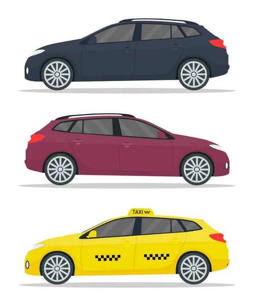 Car wagon mockup. Yellow taxi mockup. Realistic cars with shadows isolated on white background. Wagon, hatchback, suv, combi, sedan are types auto. Vehicles for taxi, business and commercial. Vector. — Stock Illustration Car Wagon Mockup Yellow Taxi Mockup Realistic Cars Shadows Isolated Royalty Free Stock Vectors