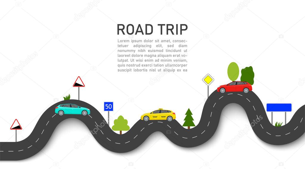 Road map with car location. Roadmap of trip or journey. Winding way race on highway with taxi. Infographic and guidance for summer transport tour. graphic background for travel info, business. Vector.