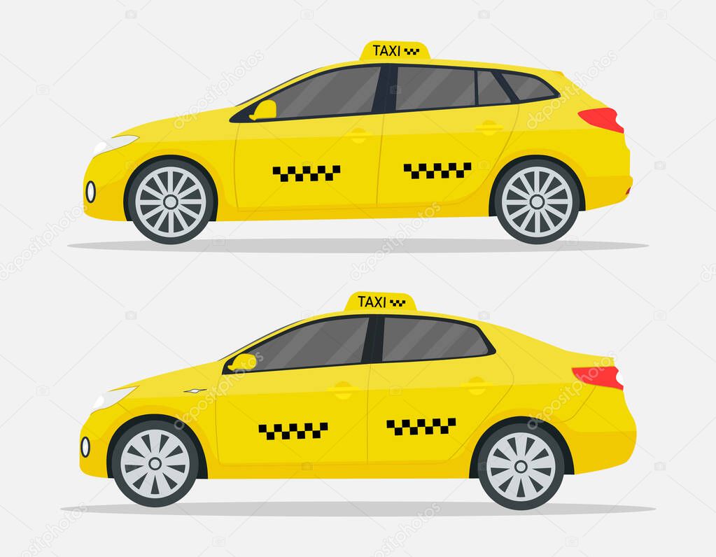 Taxi cars. New yellow transport in york for driver and passenger. Taxi service. Realistic branding auto. Top automobile isolated on white background. Cartoon vehicle for delivery in city road. Vector.