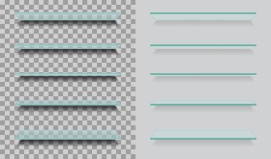 Cam raflar. Sanat eseri boş çıkıntı. Cam yüzeyi tasarla. Kütüphanede boş bir kitaplık veya mağazada sergi için bir panel. Pazarlama, reklam ve pazarlama için mobilyaları olan 3D cam tezgahı. Vektör