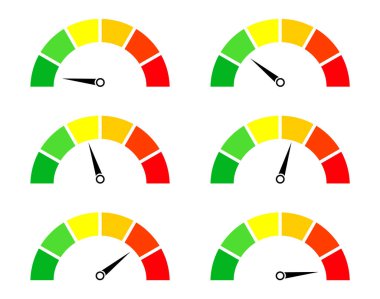 Risk ölçerler. Hız göstergesi ve simgesi. Performans, hız, güç, basınç ve ilerleme puanı. Düşük, orta ve yüksek seviyeli tuşla. Arabada torpido gözünde test. İyi ya da kötü reyting. Vektör.