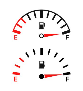 Yakıt göstergesi. Benzin deposu, benzin. Arabada dolu ya da boş benzin deposu ya da mazot var. Göstergeler gösterge panelinde otomatik olarak. Ölçüm, seviye, kontrol gücü. Pompa ekipmanının verimliliği. Vektör.