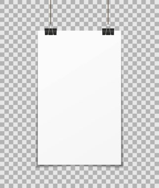 Poster as. A3, duvarda a4 modeli. Klempli boş kağıt. Beyaz afiş ve sunum için arka plan, dikkat. Gölgeli boş bir sayfa. Şablon, çerçeve, broşür, galeri, reklam panosu. Vektör