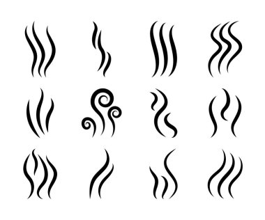 Icons of smoke. Chimney, steam, smell, aroma logos. Heat, fume, odor from grill and cooking. Odour of coffee. Perfume scent in air. Graphic swirls. Waves of emission smog, gas in line style. Vector. clipart