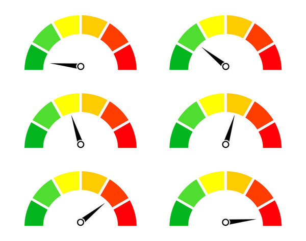 Risk meters. Gauge and icon of speedometer. Score of performance, speed, power, pressure and progress. Dial with low, medium and high level. Test on dashboard in car. Good or bad rating. Vector.