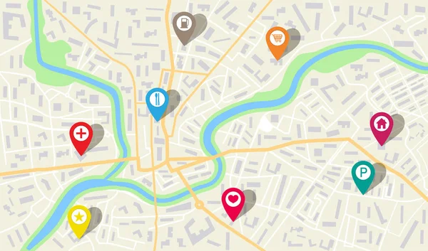 GPS iğneli harita şehri. Navigasyon için yön işaretleri. Sokak, yol, park, şehir planında nehir. Konum sistemli bir arka plan. Şehir haritasında seyahat için işaretler, işaretler ve oklar var. Vektör