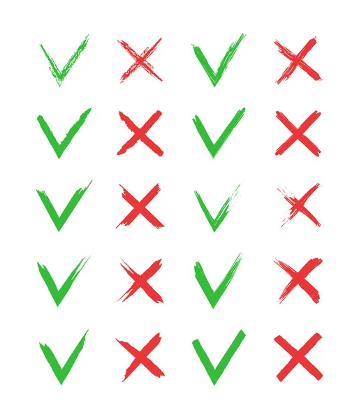 交叉和勾选图标 支票的标记V Green Red 对或错的标志 交叉取消 一套刷子 发牢骚符号 接受和拒绝的正确清单 — 图库矢量图片