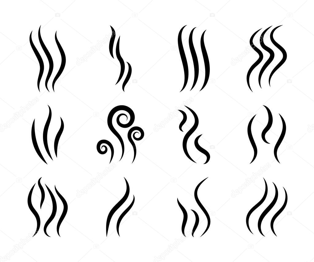 Icons of smoke. Chimney, steam, smell, aroma logos. Heat, fume, odor from grill and cooking. Odour of coffee. Perfume scent in air. Graphic swirls. Waves of emission smog, gas in line style. Vector.