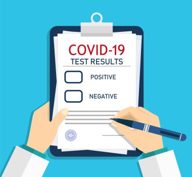 Covid rapor formu. Testten sonra koronavirüsün klinik sonuçları olan tıbbi kontrol listesi. Doktor tescilli, virüsü analiz üstüne kaydetmiş. Sağlık kontrolü için. Reçete yazan adam. Vektör.