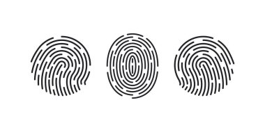 Parmak izi simgeleri. Parmak logosu. Benzersiz parmak izi. Kişisel kimlik kartı. Biyometrik şifre insan. Parmağına bas, güvenlik taraması yap. Bireysel parmak ucu, poliste doğrulama demektir. Vektör.