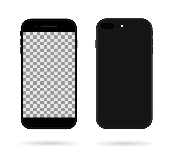 智能手机在后面和前面 在白色背景下隔离的电话模拟 现实的黑色现代手机 手机空白屏幕 横幅设备的透视模板 — 图库矢量图片