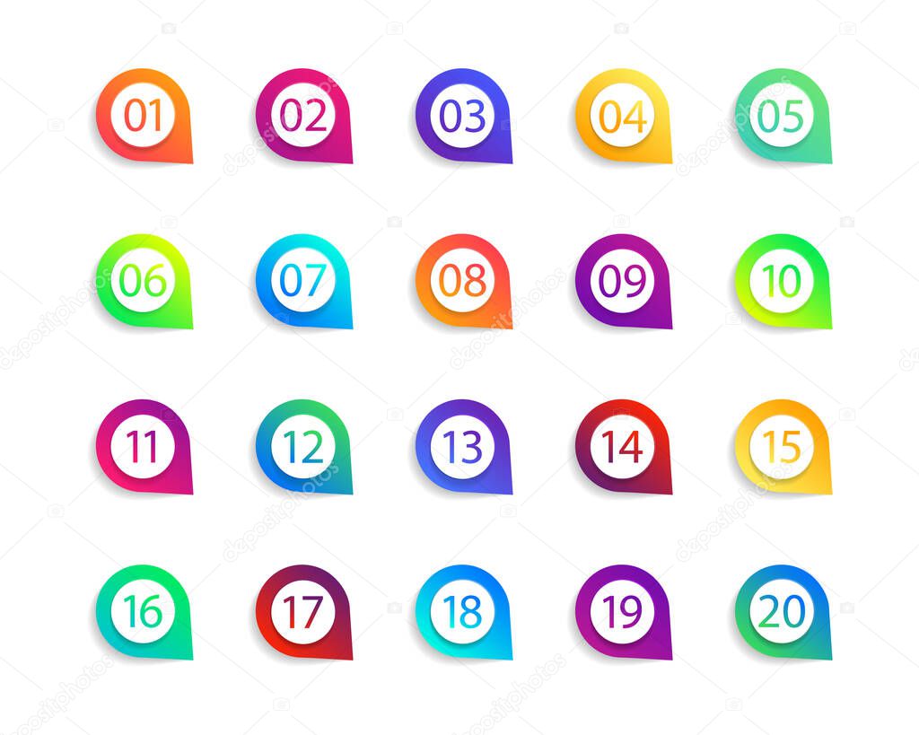 Bullet numbers. Infographic buttons and points. Icon with numbers from 1 to 20. 3d arrows and pointers for promotion. Colorful gradient markers for badges, tags. Modern logos in map interface. Vector.