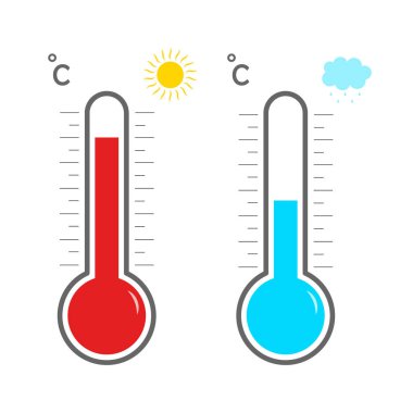 Termometre simgeleri. Sıcak ve soğuk. Sembol meteoroloji ve hava durumu. Celsius veya Fahrenheit için ısı ölçümü. Termostat ölçeği. Metre, serin ve sıcak iklimin kontrolü. Vektör.