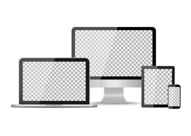 Tablet, laptop, telefon ve bilgisayar cihazları. Masaüstü monitörü, akıllı telefonlu bilgisayar. Boş ekranlı bir model. Dijital elektronik teknoloji. Beyaz arka planda gölgesi olan bir tasarım aleti. Vektör