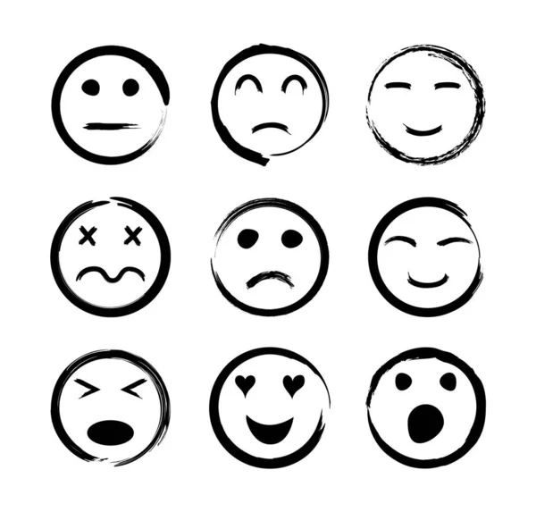 Yüz simgeleri. Mutlu, üzgün, komik, kızgın, sevgi dolu, ağlayan ve gülen duygular. Sketch gülümsüyor. Karalama emojisi ile ayarlayın. Siyah gülümseme tarzı. El yapımı çizgi film karakterleri. Çocuk sembolleri. Vektör.