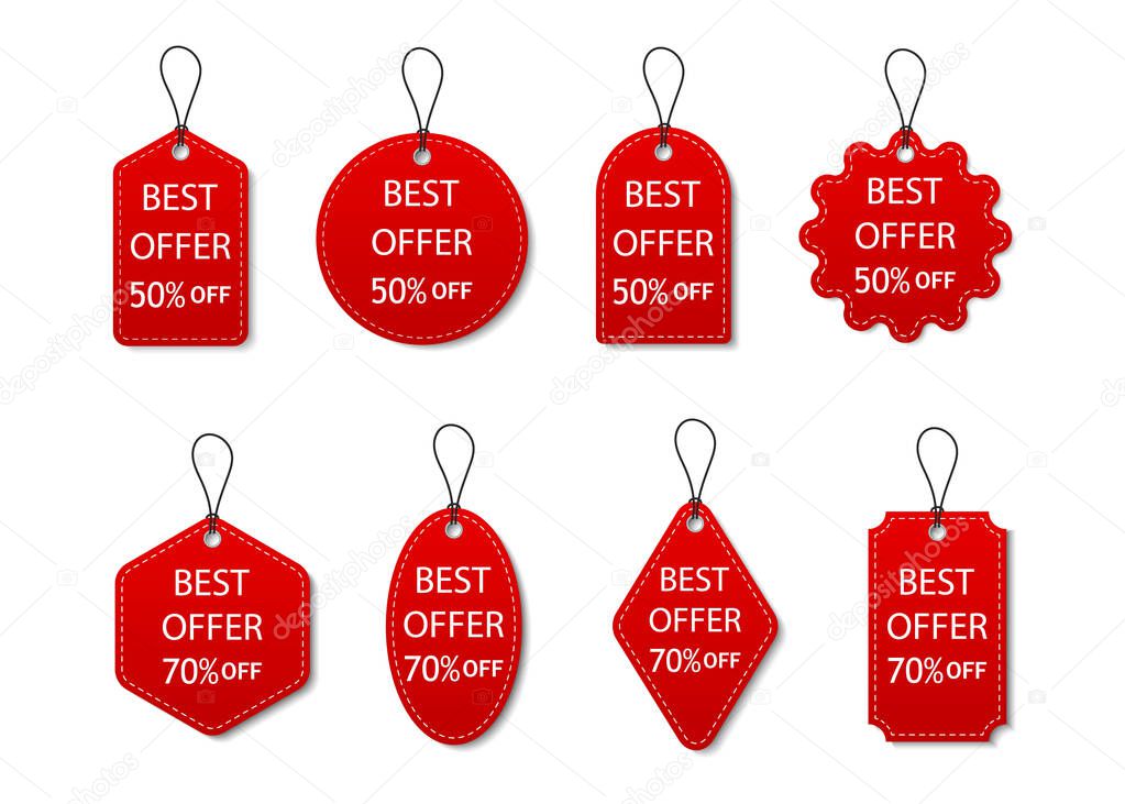 Tag of sale. Red label of discount and price. Design promotion banner. Set ribbon of best offer. Special sticker, badge and coupon for retail. Vintage icon for present, shop, pricetag. Vector.