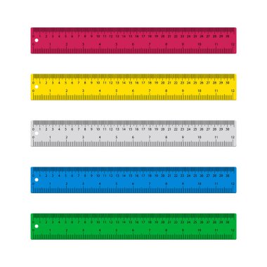Okulun yöneticisi. Plastik cetvel beyaz arka planda izole edilmiş. Santimetre ve milimetre boyutlarında ölçeklendir. İnç, cm, mm ile ölçü kuralı. Tahta, metal grafik uzunluğunda. Geometri için bant ölçer. Vektör