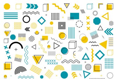 Geometrik şekiller. Modern elementlerle soyut arkaplan. Hipster için Memphis modeli. 80 'lerden, 90' lardan tasarım sanatı. Daire, üçgen, yarım tonlu doku. Poster ve afiş için asgari stil. Vektör.