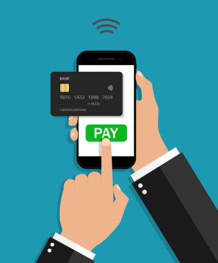 Kartla ödemiş. Cep telefonunda internet üzerinden ödeme uygulaması var. Dükkandaki akıllı telefondan yapılan bağlantısız bir işlem. Müşteri için kablosuz servis. Maaş kartı ikonu. Kredi parasını transfer et. Vektör.