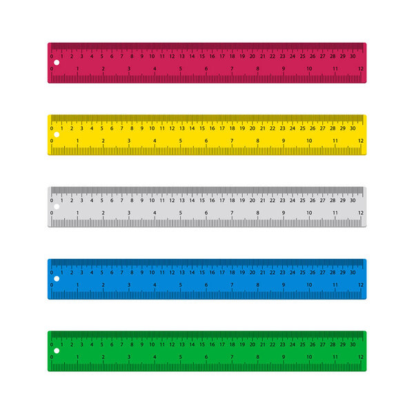 Ruler for school. Plastic ruler isolated on white background. Scale with of centimeter, millimeter metric. Measure rule with inch, cm, mm. Wooden, metal graphic length. Tape meter for geometry. Vector