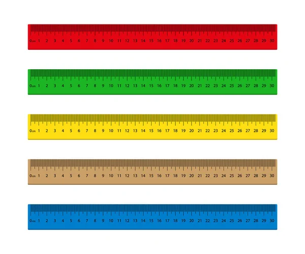 寸法がインチ Cmの定規 学校のためのメートル法の木製 金属スケール 教室の机のための文房具 幾何学 教育のための赤 緑のテープメーター センチメートル ミリメートルの距離 — ストックベクタ