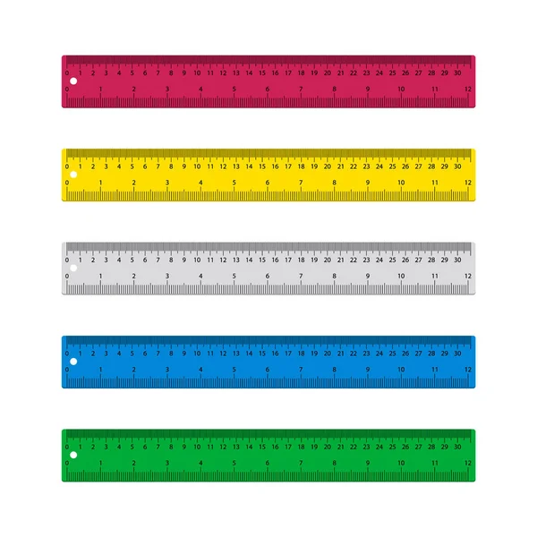 Ruler for school. Plastic ruler isolated on white background. Scale with of centimeter, millimeter metric. Measure rule with inch, cm, mm. Wooden, metal graphic length. Tape meter for geometry. Vector — Stock Illustration Ruler School Plastic Ruler Isolated White Background Scale Centimeter Millimeter Vector Graphics