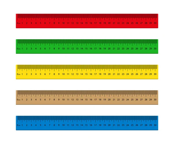 Ruler with measure of inch, mm, cm. Wooden, metal scale with metric for school. Stationery for class desk. Red, blue, green tape meter for geometry, education. Centimeter, millimeter distance. Vector. — Stock Illustration Ruler Measure Inch Wooden Metal Scale Metric School Stationery Class Vector Graphics