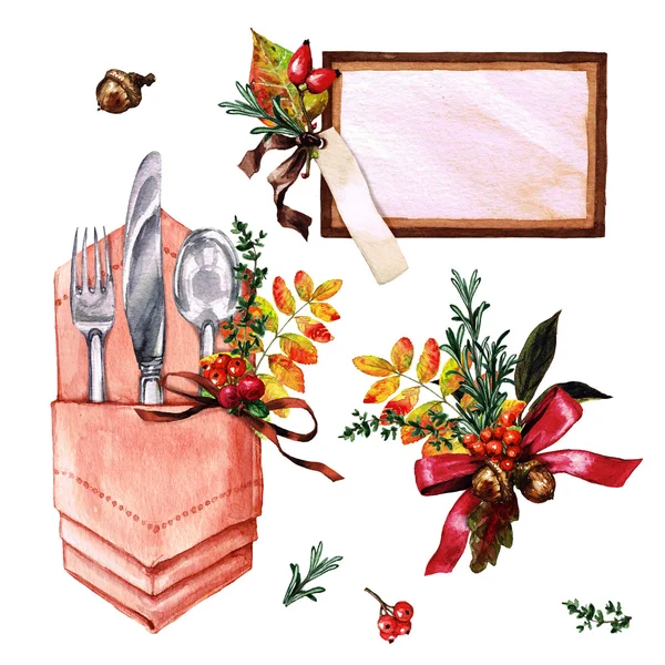 Décorations de table d'automne. Éléments de réglage du lieu - Illustration aquarelle . — Photo