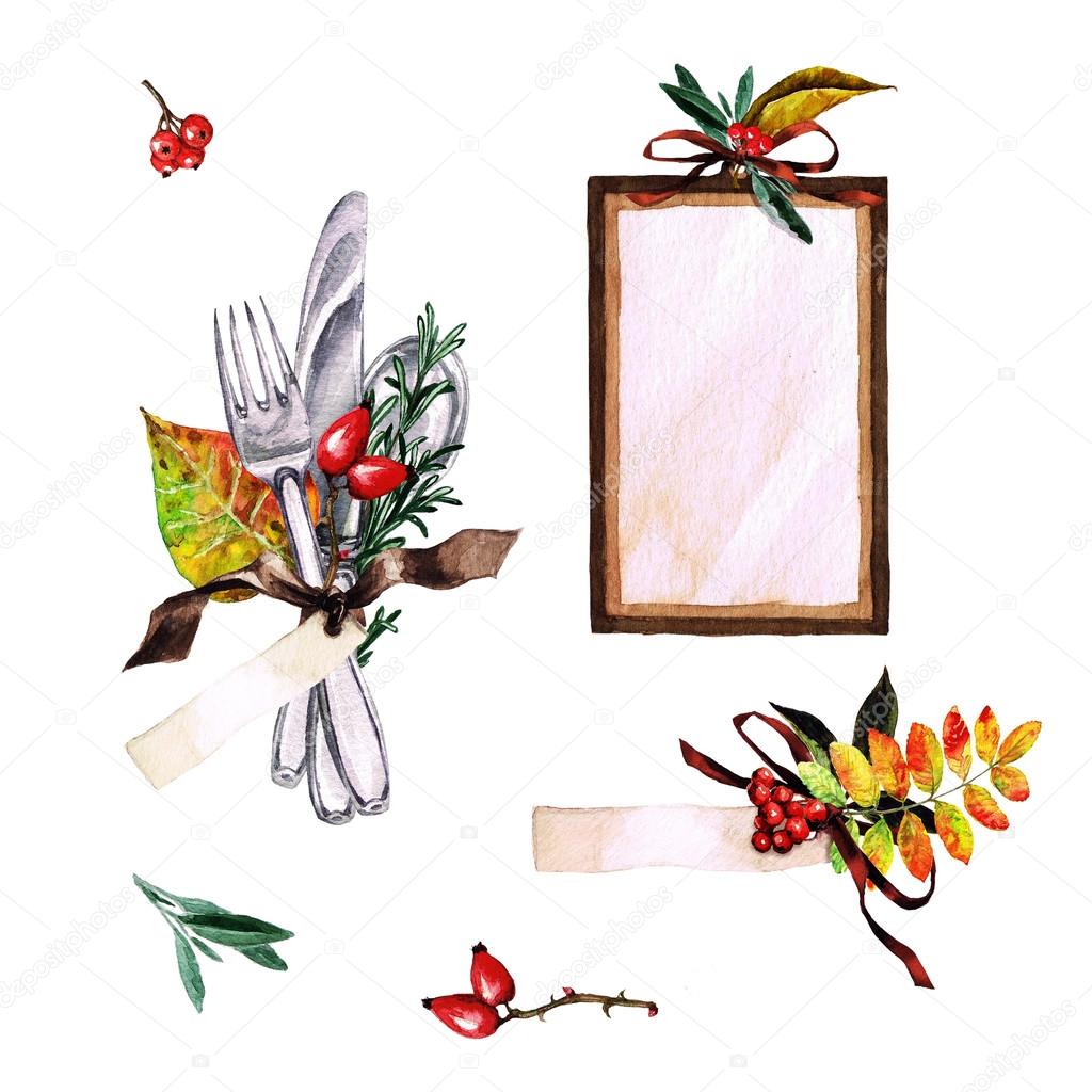 Autumn Table Decorations. Place setting elements - Watercolor Illustration.
