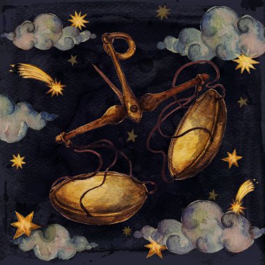 Burç - Terazi. Sulu boya resim. İzole.